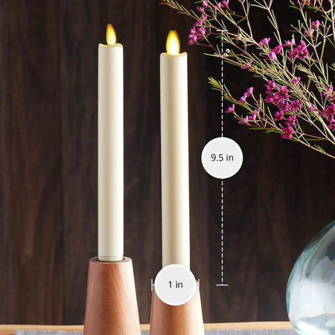 Flickering Flameless Ivory Taper Candles With Warm LED Flame Battery Operated 2 Pack in wooden holders on table