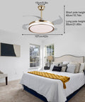 Ceiling Fan Light with Handheld Controller, 48W Illuminated Lamp for in a modern bedroom with dimensions shown.