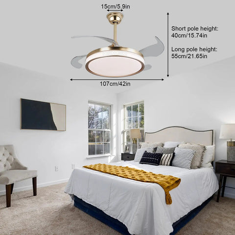 Ceiling Fan Light with Handheld Controller, 48W Illuminated Lamp for in a modern bedroom with dimensions shown.