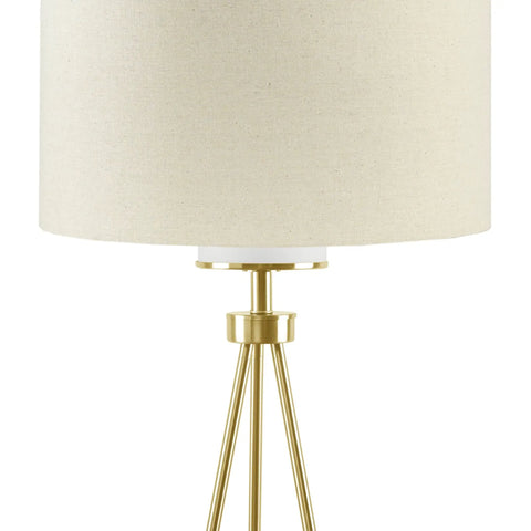Gold Tripod Floor Lamp With White Drum Shade Dope Modern Reading Light For Living Room Or Bedroom close-up of lamp top.