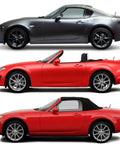 Side view of three Mazda Miata MX 5 cars showing the installed 3 Inch Rubber Shorty Antenna Replacement Fits RF ND NC 2006 2024.