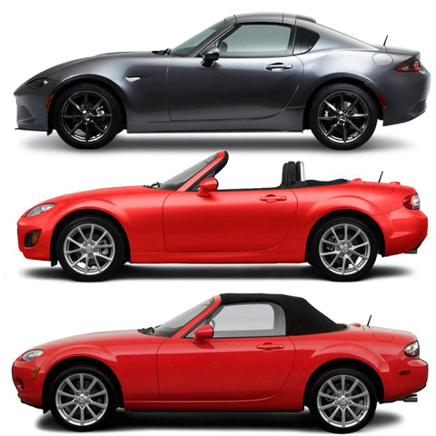 Side view of three Mazda Miata MX 5 cars showing the installed 3 Inch Rubber Shorty Antenna Replacement Fits RF ND NC 2006 2024.