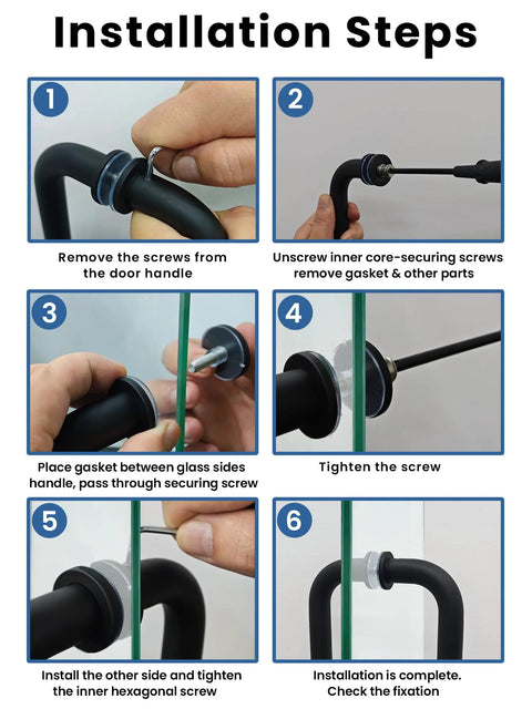 Installation steps for 8 Inch Center-To-Center Shower Door Handle 304 Stainless Steel Back-To-Back Glass Pull for Frameless Sliding Bathrooms.