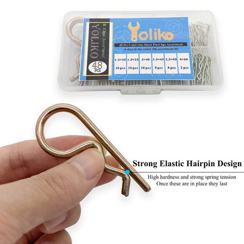 48 Piece Zinc Color Hitch Pin Clip Assortment Kit Featuring 6 Sizes R Clips Cotter Pins in case with hand holding pin