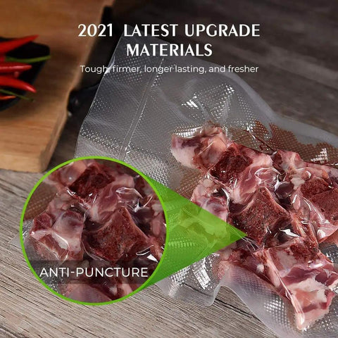 Heavy Duty Commercial Vacuum Sealer Bags Rolls 11 By 20 Inch Three Rolls And 8 By 20 Inch Three Rolls BPA Free Food Saver showing vacuum-sealed meat.