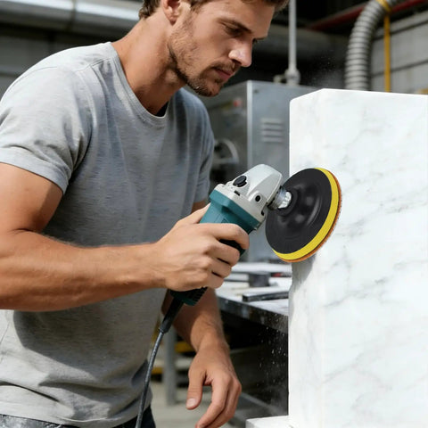 Person using Pro Grade Rock Solid 15 Piece Diamond Polishing Pad Kit For 4 Inch Surfaces on white marble with angle grinder