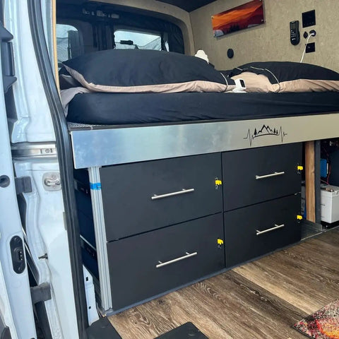 Van interior with storage showing Tough As Nails Heavy Duty 500 Lbs Drawer Slides With Locking Function in action