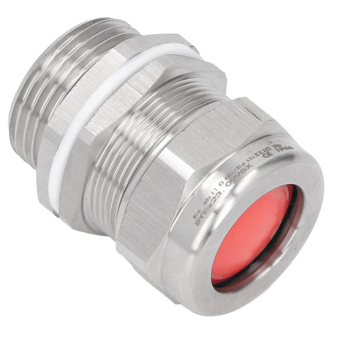 Stainless steel cable gland connector, IP66 waterproof, 1-inch NPT/M32 threaded for electrical junction boxes.