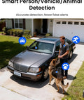 Driveway with car, man, and dog, demonstrating Lumus Outdoor Security Camera With 2K Color Night Vision Spotlight detection features.