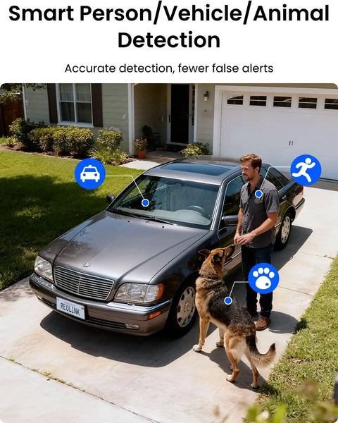 Driveway with car, man, and dog, demonstrating Lumus Outdoor Security Camera With 2K Color Night Vision Spotlight detection features.