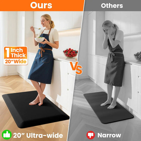 Comparison image of One Inch Thick Kitchen Mat For Floor And Standing Desk Non Slip Waterproof Anti Fatigue Rug For Kitchen Sink And Office Ultra Comfortable 20x32 Black Mat versus a narrow mat.
