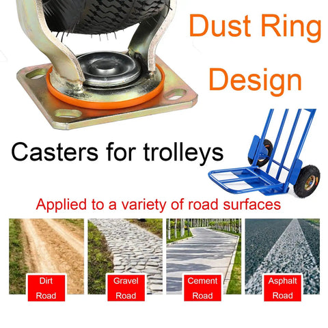 Heavy Duty Pneumatic Caster Wheels Set Of 4 With Brake And Swivel Options 10 Inch close-up view showing dust ring design and steel hub.