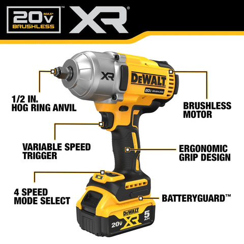 20V Max Cordless Impact Wrench With Hog Ring Anvil, Brushless High Torque Half Inch, Four Modes And Variable Speed Trigger
