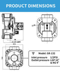 Gas pressure regulator GR-132 diagram; inlet 1/2 PSI, outlet LPG 10 in and NG 4 in, 2 M5 mounting holes