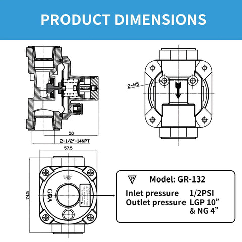 Gas pressure regulator GR-132 diagram; inlet 1/2 PSI, outlet LPG 10 in and NG 4 in, 2 M5 mounting holes