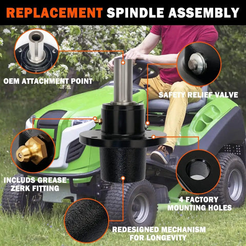 Heavy Duty Spindle Mandrel Assembly Replacement for Scag Cheetah lawn mowers shown on a green riding mower
