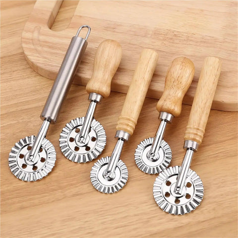 Assorted multipurpose dough roller and pastry wheel cutter for pizza, wooden handles, round blades, kitchen gadget for home chefs.