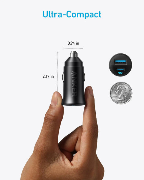Hand holding Rapid 30W USB C Car Charger with Dual Ports Type C Power Delivery and PowerIQ 3.0, ultra-compact size shown.
