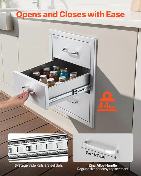 Outdoor Kitchen Drawers Stainless Steel Triple-Access Modular Cabinet for BBQ Island with open drawer and spice jars.