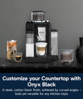 Rivelia Automatic Espresso Machine With Built In Burr Grinder And Milk Frother on counter with coffee beans and lattes