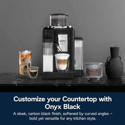 Rivelia Automatic Espresso Machine With Built In Burr Grinder And Milk Frother on counter with coffee beans and lattes