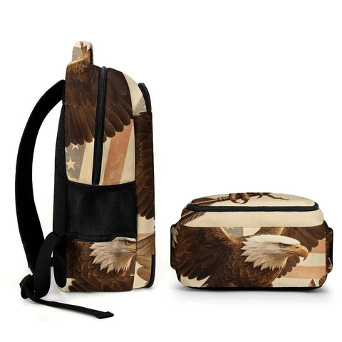 Side view of Antique Eagle Arrow Branch Printed Unisex Backpack with eagle design, durable polyester for school and travel use.