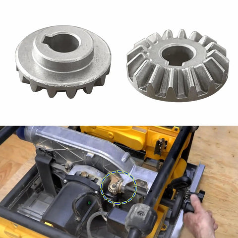 Two Pack Table Saw Bevel Gear Replacement Kit with visible helical metal gear installation for DeWalt DWE and DW table saws