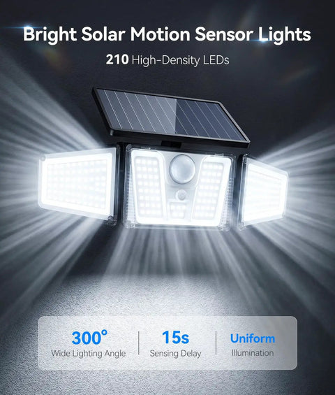 Built Tough 210 LED Solar Flood Lights With Snappy Motion Sensor And All Season Waterproof Housing Three Head 300 Degree Wide Sweep Captures Activity Around Backyard Patio Driveway Or Garage Entry Stalwart Two Pack Finished In Glossy Black