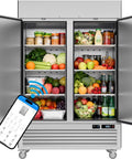 Heavy Duty 49 Cu Ft Commercial Reach In Fridge With WiFi App Controls and Slick Touch Displays, showcasing fresh produce and drinks.