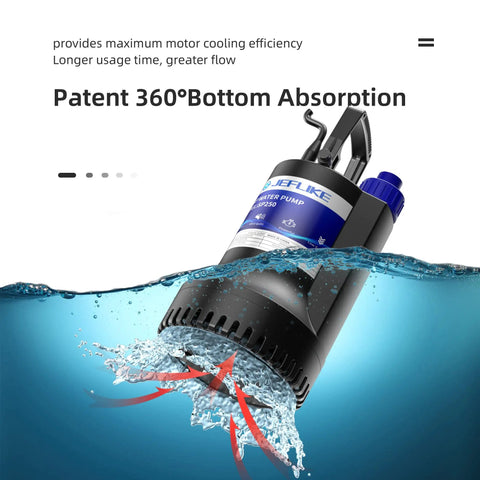 Half Horsepower Submersible Sump Pump For Pool Draining Portable Utility Water Pump with water flowing through patent 360° bottom absorption