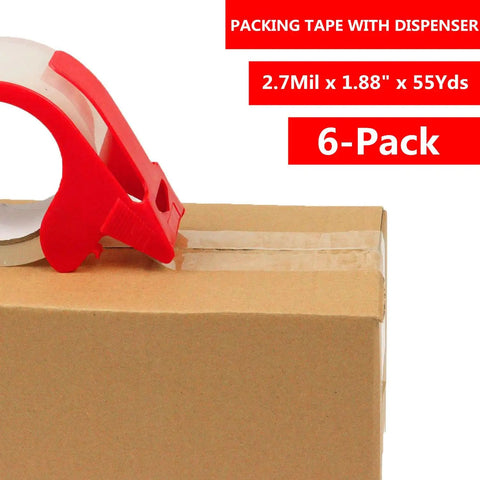 Six Pack Clear Packing Tape With Dispenser 2.7 Mil Thick sealing a box, red dispenser visible, 1.88 Inch Wide 55 Yard Rolls