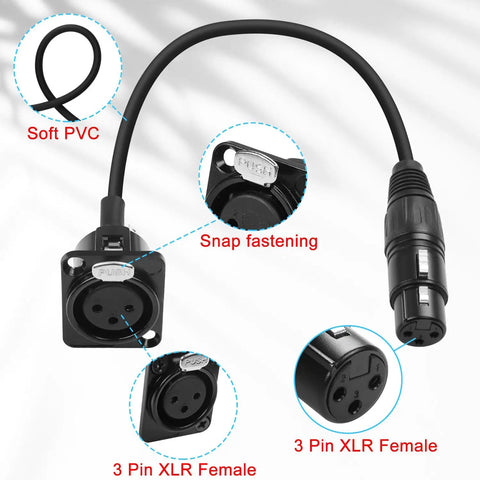 XLR Female To Female Panel Mount Cable Connector With 13.8 Inch Short Cable, 3 Pin Audio Socket for soundbox and mic extensions, close-up