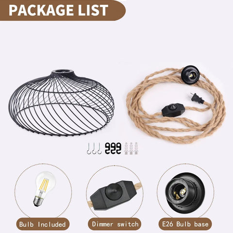 Plug In Pendant Light With Dimmable Switch And 16ft Hemp Rope Cord Black Lampshade Hanging Lights package list view