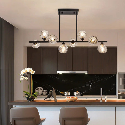 Modern Black Sputnik Chandelier With Crystal Ball Shade Dope 8 Light Industrial Globe Pendant Lighting For Kitchen Island And Dining Room Linear Hanging Fixture Anti Rust Metal Frame above a kitchen island.