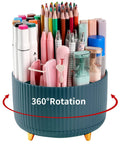 Five Slot Rotating Desk Pen And Pencil Holder With 360 Degree Spin Grab And Go Desktop Storage Organizer, full of pens, dark green