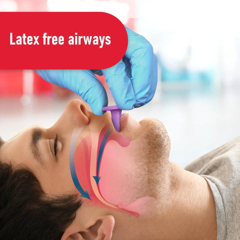Ever Ready First Aid Berman oral airway kit, front view with purple oropharyngeal airway inserted in mouth.