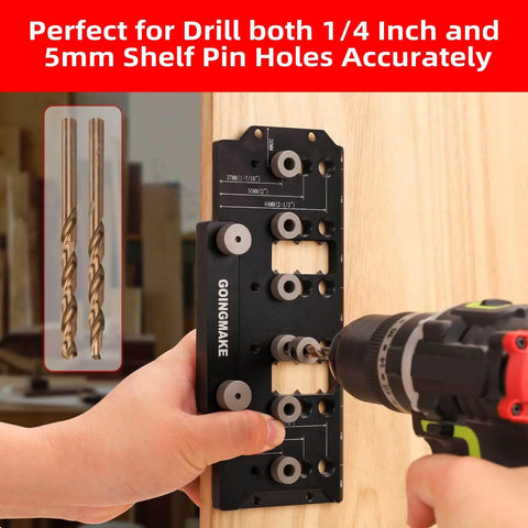 Person using Pro Grade All Metal Shelf Pin Jig For Cabinet Hardware Drilling Guide For Straight Holes Precision One Quarter Inch And Five Millimeter Shelf Pins Spliceable And Durable Wobble Free Shelves Ideal Woodworking Drill Guide on a wood surface with a power drill.
