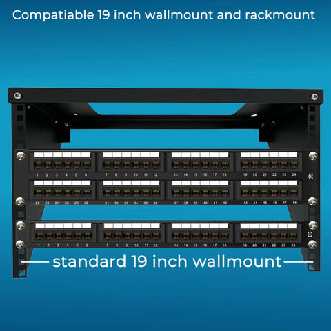 Front view of 24 Port Cat6 Patch Panel With 10G Ready Ethernet, 19 Inch Rackmount Or Wall Mount, showing port layout and compatibility