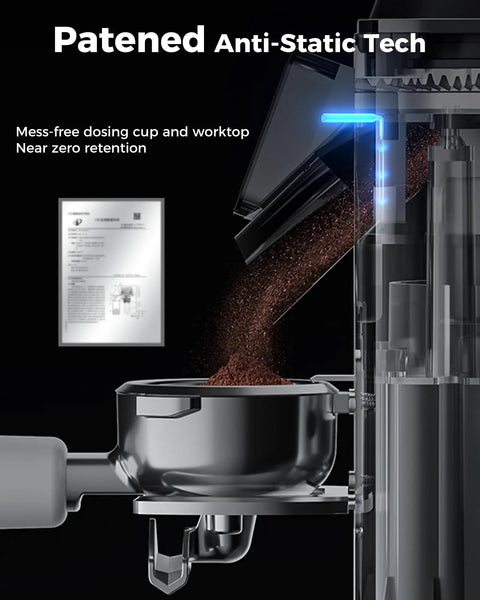 G1 Conical Burr Coffee Grinder With 48 Grind Settings Anti Static Burr Mill showing dosing cup and anti-static feature