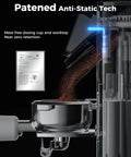 Close-up of the conical burr coffee grinder's anti-static design, showcasing mess-free dosing cup and grounds.