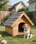 Beagle sitting beside a wooden doghouse with engraved paw prints in a garden setting