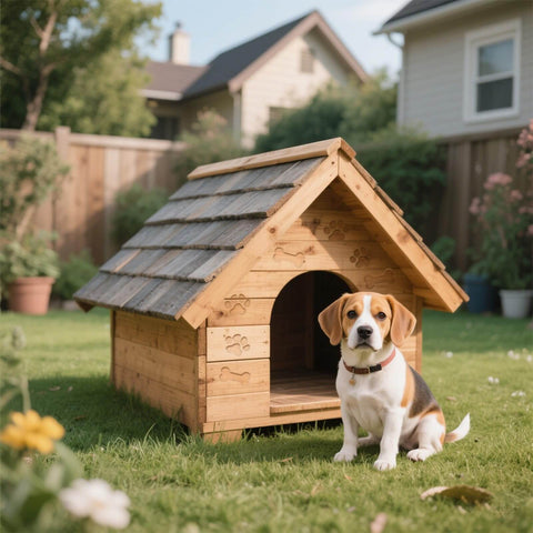 Beagle sitting beside a wooden doghouse with engraved paw prints in a garden setting
