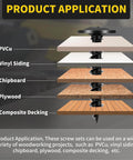 Cross-section showing wood screws used in PVCu, vinyl siding, chipboard, plywood, composite decking; Product Application