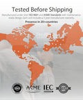 Image showing global presence map for No Nonsense Heavy Duty Electric Chain Hoist with testing certifications.
