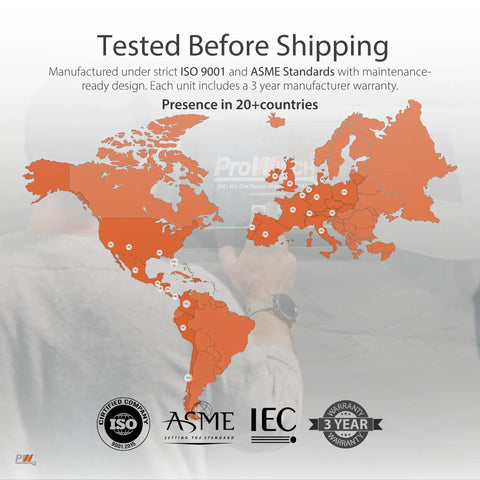 Image showing global presence map for No Nonsense Heavy Duty Electric Chain Hoist with testing certifications.
