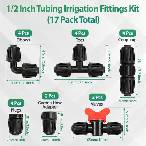 Half Inch All In One Pro Grade Irrigation Fittings Kit For 16mm Drip Tubing With Barbed Connectors Including Multiple Components