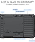 Back view of Heavy Duty Rugged Windows 11 Pro Tablet Featuring An Integrated Barcode Scanner showing camera, battery, and rugged design.