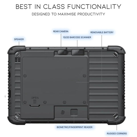 Back view of Heavy Duty Rugged Windows 11 Pro Tablet Featuring An Integrated Barcode Scanner showing camera, battery, and rugged design.