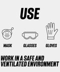 Illustration showing safety equipment: mask, glasses, gloves with text 'Work in a safe and ventilated environment'.