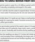 Instructions on how to grow bonsai from seed, detailing steps for soaking seeds, preparing soil, planting, germinating, and transplanting.